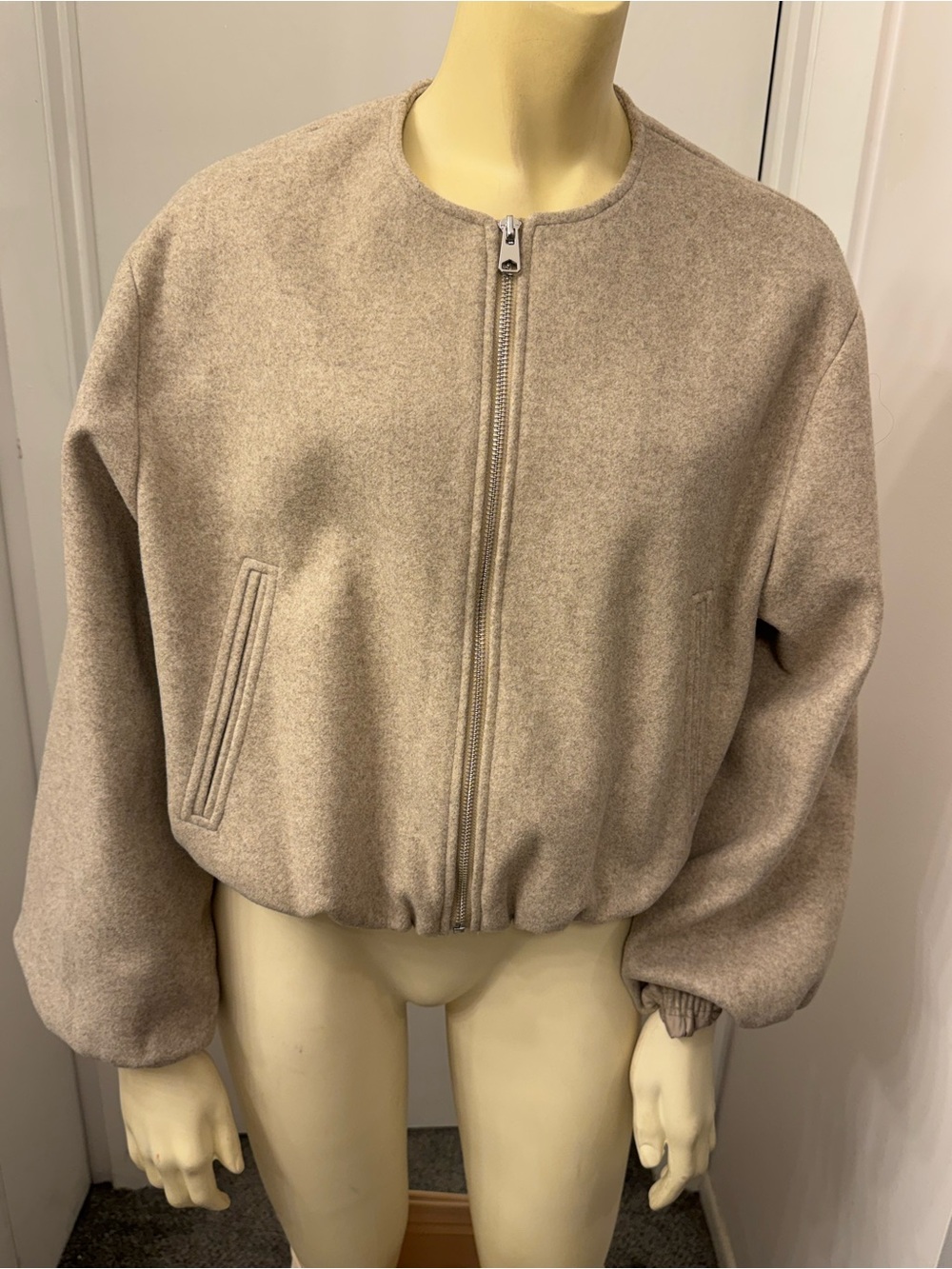 Zara Neutral Taupe Wool-Blend Bomber Jacket
